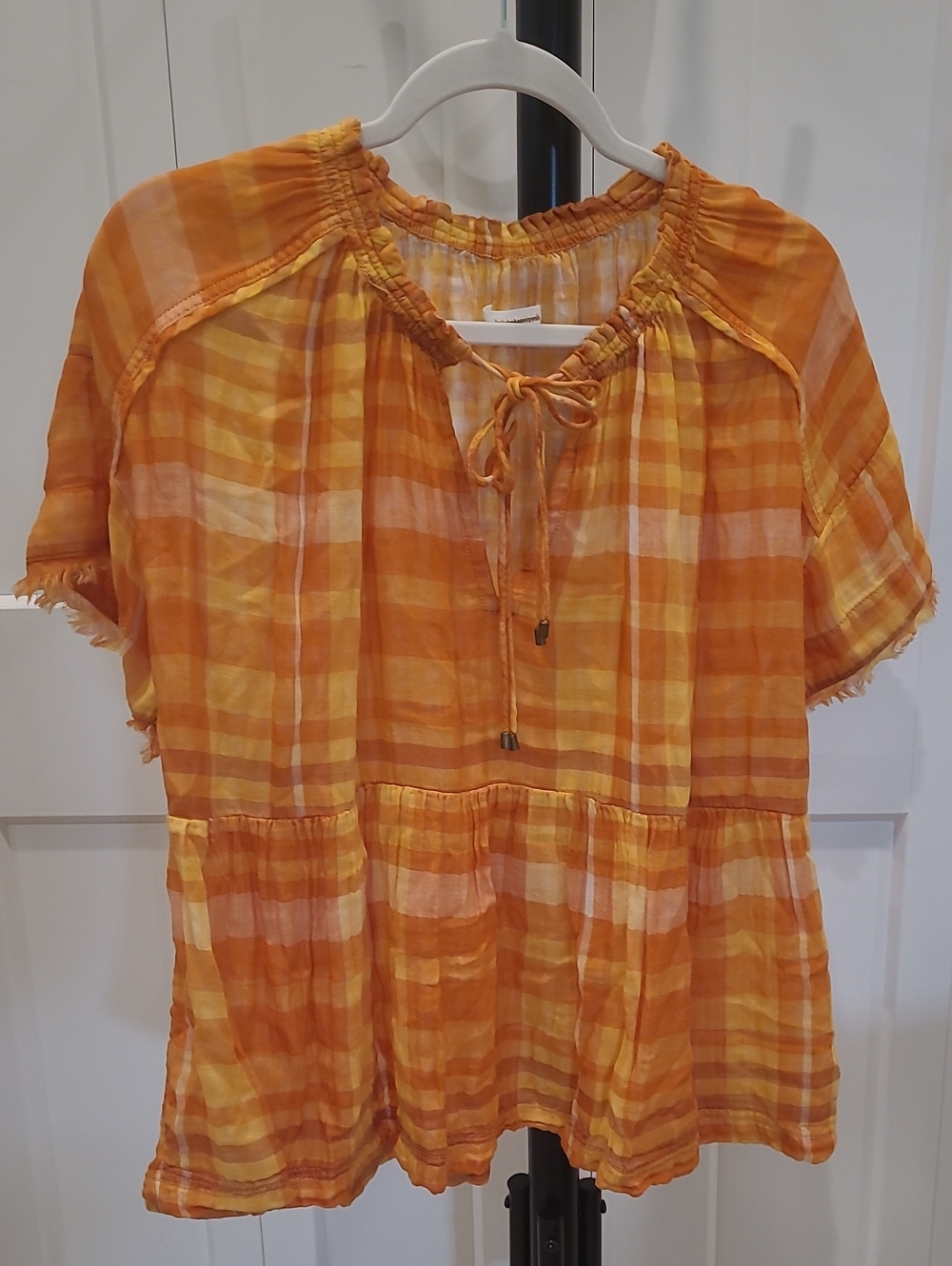 PILCRO by Anthropologie Women’s Orange Plaid Peasant Top - Lightweight Tie-Neck